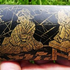 Vintage Japanese Oriental Wooden Lacquer Box Hand Painted Lidded Lid Rectangle