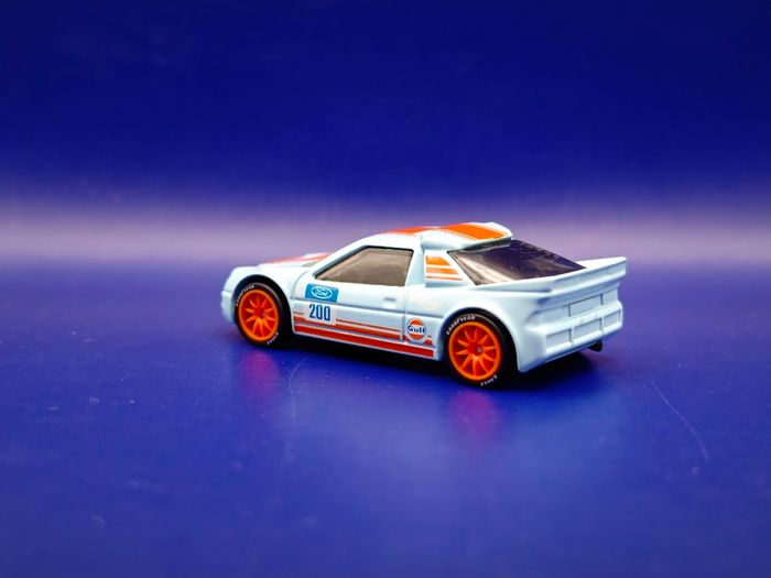 Hot Wheels Ford RS200 with custom wheels.