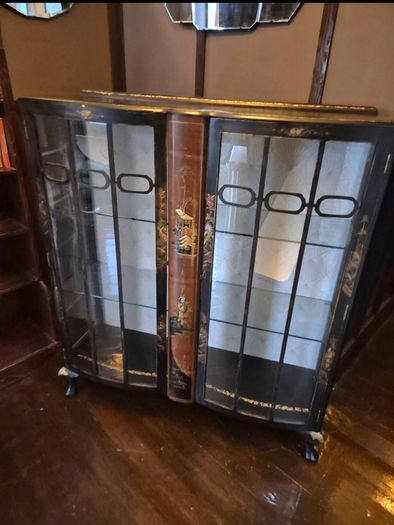 Vintage  Turnige Chinoiserie locking ebonised handpainted cabinet 3 tiers