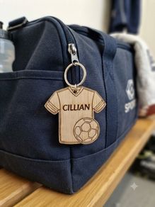 Personalised Football Shirt Keyring - Wooden Name Tag - Bag Tag - Football Gift for Boys or Girls