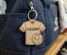 Personalised Football Shirt Keyring - Wooden Name Tag - Bag Tag - Football Gift for Boys or Girls