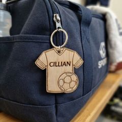 Personalised Football Shirt Keyring - Wooden Name Tag - Bag Tag - Football Gift for Boys or Girls