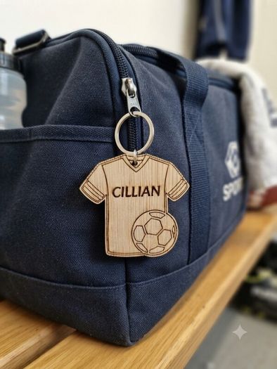 Personalised Football Shirt Keyring - Wooden Name Tag - Bag Tag - Football Gift for Boys or Girls