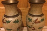 Hand decorated pair of Asia brass vases free postage