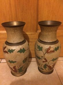 Hand decorated pair of Asia brass vases free postage