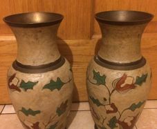Hand decorated pair of Asia brass vases free postage