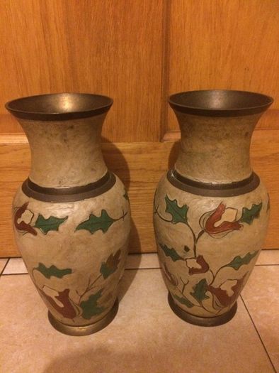 Hand decorated pair of Asia brass vases free postage