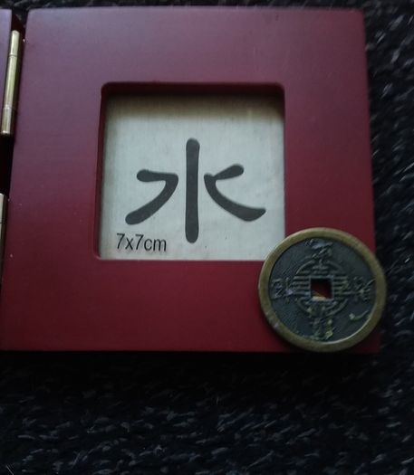 Feng Shui, Red Hinged Double Picture Frame with Chinese Coins