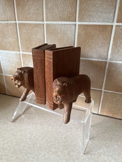 Handcarved Wooden Roaring Lions Bookends