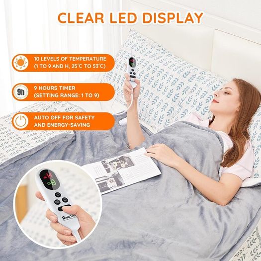 Electric Heated Blanket Throw 120  160cm, Flannel Sherpa, Fast Heating, 10 Heat Levels, 9H Auto-Off, LED Controller, Overheat Protection, Machine Washable, ETL Certified, Grey
