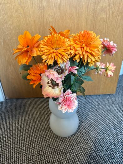 Artificial Orange Flowers in Frosted Glass Vase
