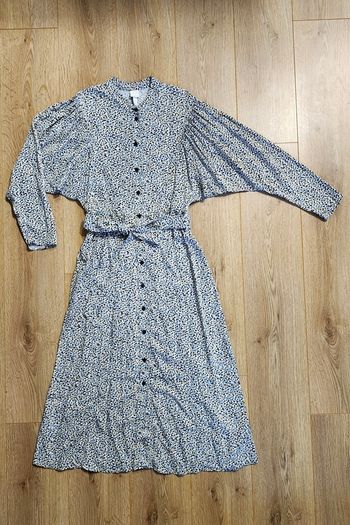 Longsleeve midi dress with belt - H&M - Blue, white, yellow, black Pattern - Size small