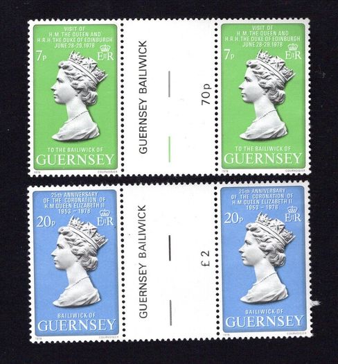 1978 Guernsey Royal Visits of Her Majesty The Queen visiting Guernsey from 28-29 June 1978 & 25th Anniversary of Coronation & Commemorative Stamps Gutter Pairs Mint Never Hinged (MNH)