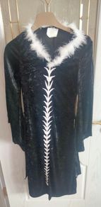 Black velvet fancy dress costume with white feather trim