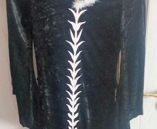 Black velvet fancy dress costume with white feather trim