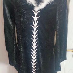 Black velvet fancy dress costume with white feather trim