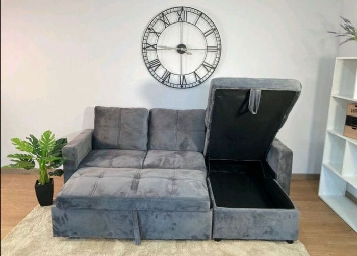 Grey velvet Corner Sofa Bed with Storage 215cm
