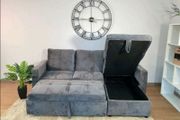 Grey velvet Corner Sofa Bed with Storage 215cm