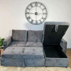 Grey velvet Corner Sofa Bed with Storage 215cm