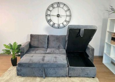 Grey velvet Corner Sofa Bed with Storage 215cm