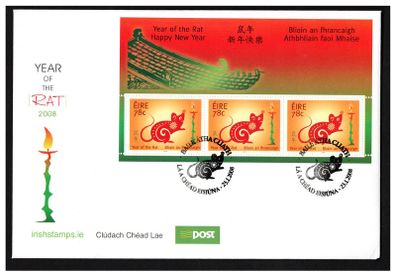 2008 Ireland Chinese New Year Year of the Rat Commemorative Stamps Miniature Sheet An Post First Day Cover (FDC)