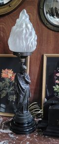 Antique converted bronze lamp with original glass flame shade  shade
