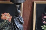 Antique converted bronze lamp with original glass flame shade  shade