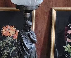 Antique converted bronze lamp with original glass flame shade  shade