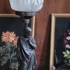 Antique converted bronze lamp with original glass flame shade  shade
