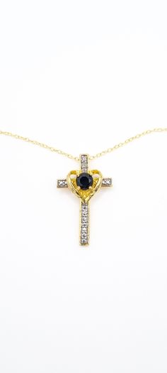 Vintage 18kt Gold On Sterling Silver Black Spinel Cross Necklace