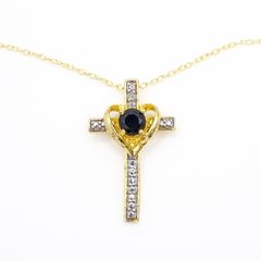 Vintage 18kt Gold On Sterling Silver Black Spinel Cross Necklace
