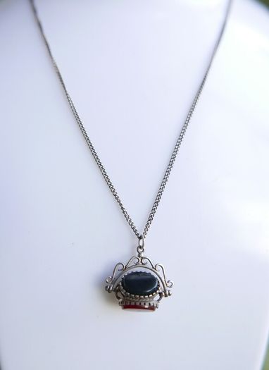 Victorian Sterling Silver 925 Triple Spinning Fob Pendant with  Chain (Onyx Agate Carnelian Spinning Fob) length 19" - 5g