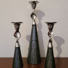 Trio of chrome twist & enamel painted candlesticks