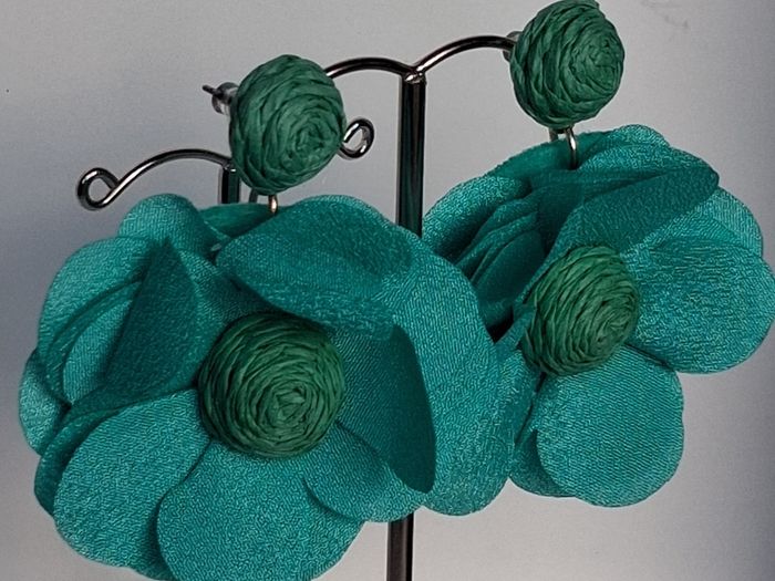 Chunky Raffia Green Fabric Flower Statement Earrings