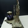 Antique Victorian Inkwell Set  Ornate Brass & Hand Painted Glass c. late 1800s Image 4