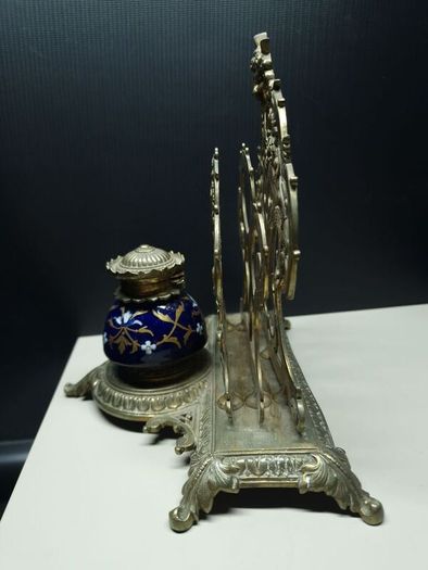 Antique Victorian Inkwell Set  Ornate Brass & Hand Painted Glass c. late 1800s