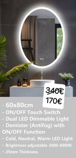 LED Bathroom Mirror Oval Shape Defogger Dual LED
