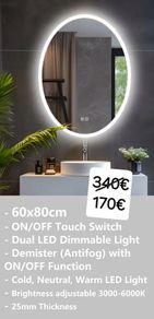 LED Bathroom Mirror 60x80cm Oval Dual LED Antifog Makeup Cosmetic Bright Light Touch Switch