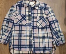This is a blue-violet and cream checkered ONLY shirt jacket (commonly known as a shacket) with pockets.