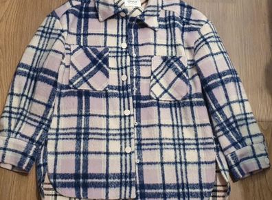 This is a blue-violet and cream checkered ONLY shirt jacket (commonly known as a shacket) with pockets.
