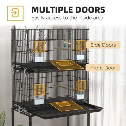 Two-Tier Bird Cage on Wheels, with Stand, for Small Birds