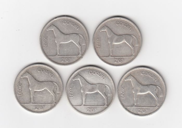 Ireland,5 x saorstat eireann Half Crowns, 2/6, 75% Silver Coins (No: 491)