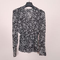Second Female Black White Floral V-Neck Long Sleeve Peplum Blouse Top Size XS
