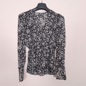 Second Female Black White Floral V-Neck Long Sleeve Peplum Blouse Top Size XS