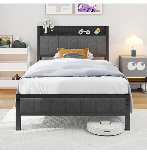 Single Bed Frame with Storage Headboard Shelf, No Box Spring Needed 3ft Upholstered Bed Frame with Heavy Duty Metal Slats, Easy Assembly,Gray, for Small Bedroom, Dorm, Guest Room