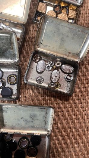 vintage George & Co. Press Button Tins with contents