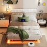 King Floating Bed Frame with LED Lights and Charging Station, Metal Platform Bed Frame King Size with Upholstered Headboard, No Box Spring Needed, White Image 3