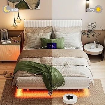 King Floating Bed Frame with LED Lights and Charging Station, Metal Platform Bed Frame King Size with Upholstered Headboard, No Box Spring Needed, White