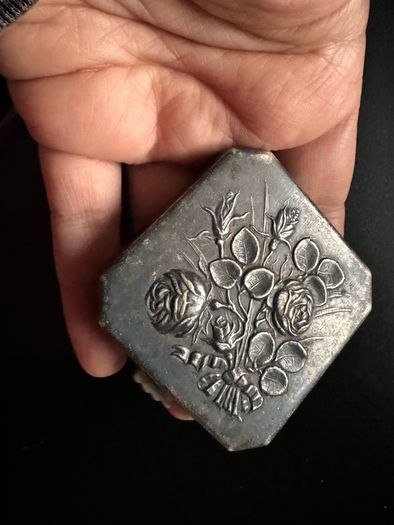 Vintage Floral Powder Compact  Silver-Tone Metal