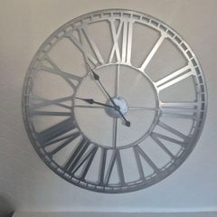Large Silver Metal Skeleton Wall Clock 80cm Roman Numeral Statement Clock